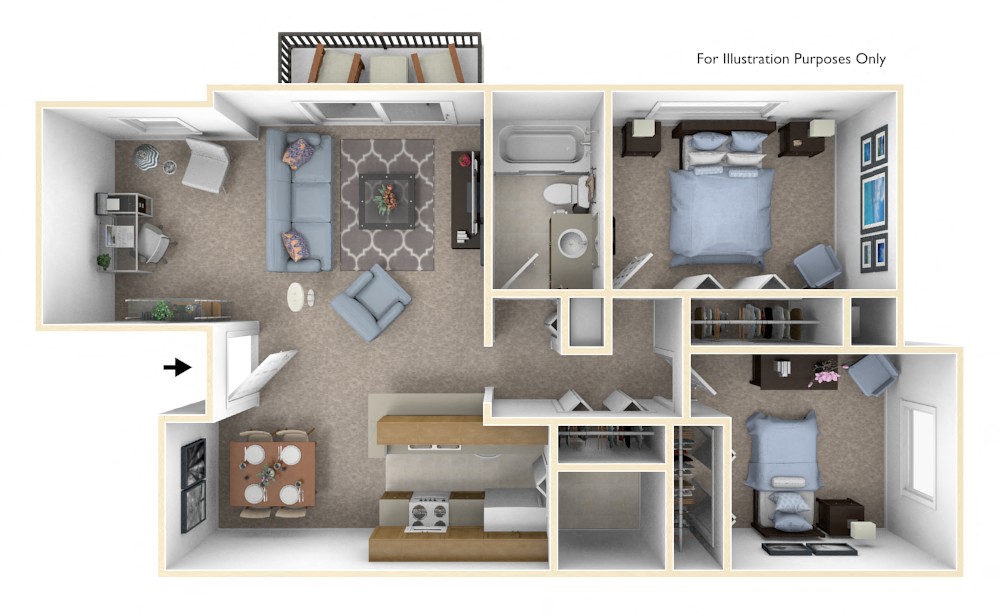 Floor plan for 2 beds, 1 bath, 970 sqft